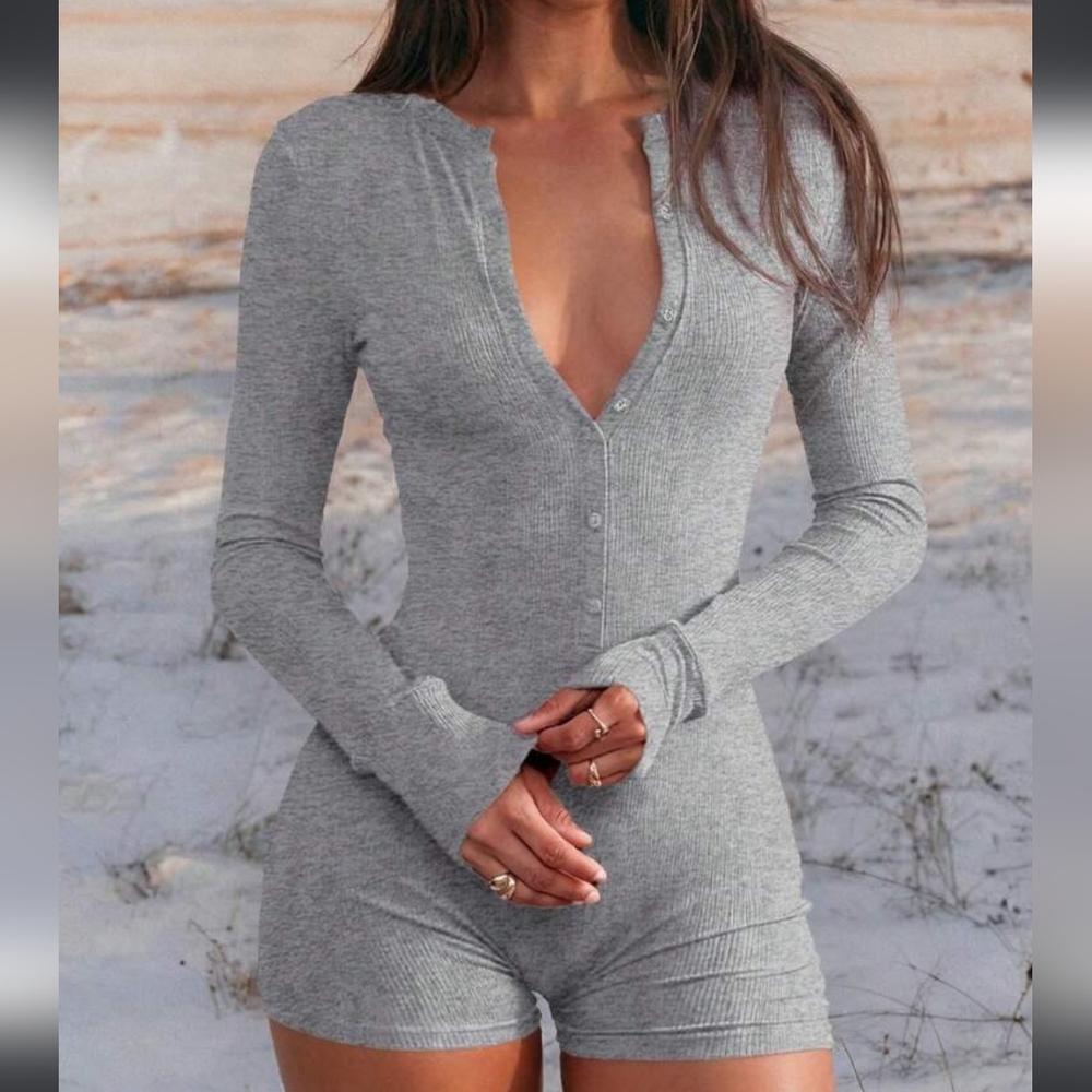 Ribbed Long-Sleeve Henley Romper in Heather Gray